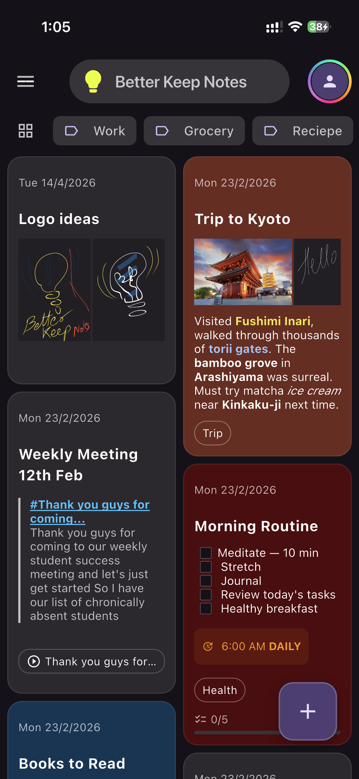 Better Keep notes home with rich-text cards, checklists, labels, colors, images, drawings, and reminders