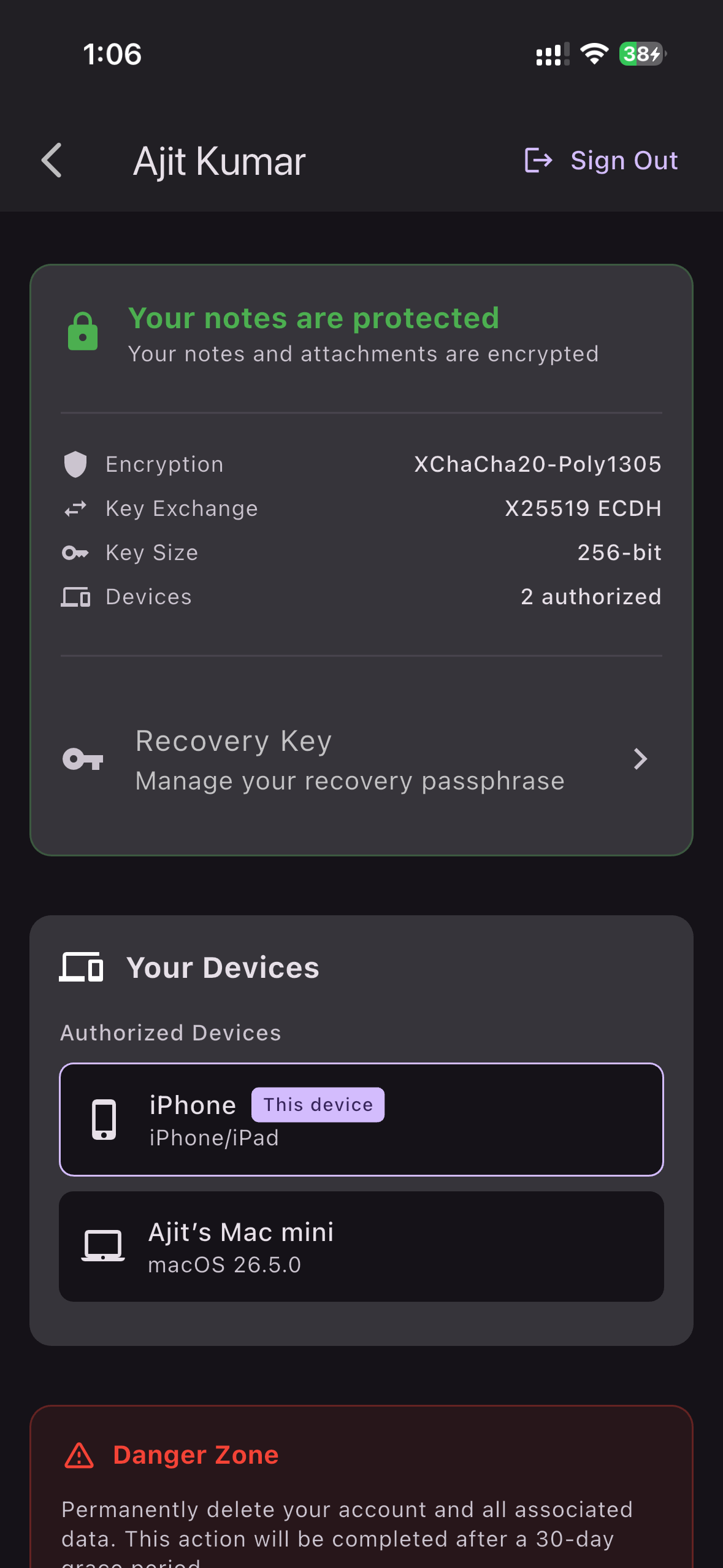 Better Keep security screen showing encrypted notes, recovery controls, and approved devices
