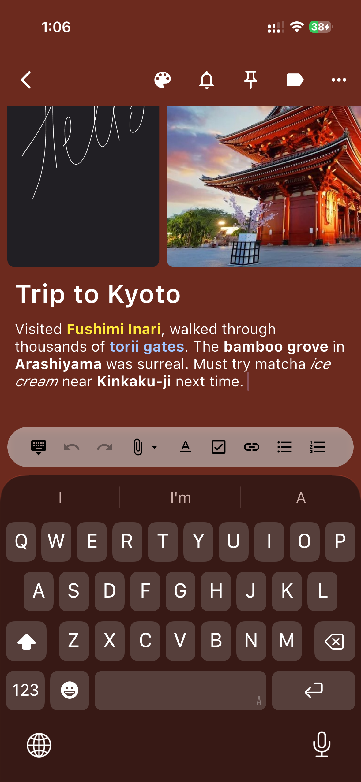 Better Keep rich-text editor showing a formatted travel note with an image and a sketch