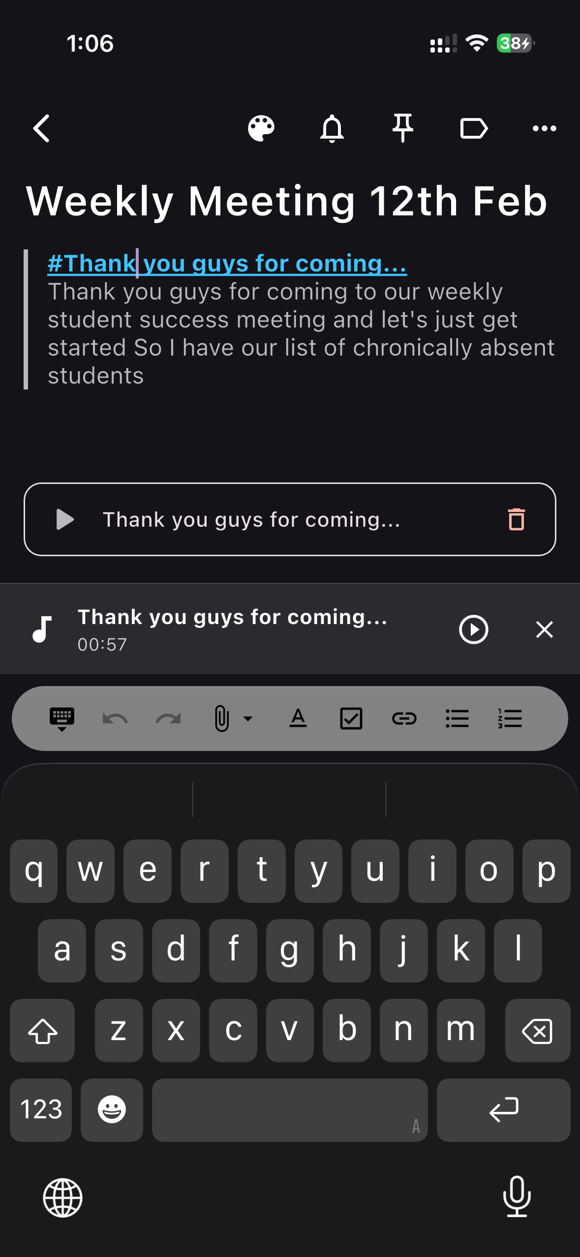 Better Keep editor showing formatted meeting notes with an attached voice recording