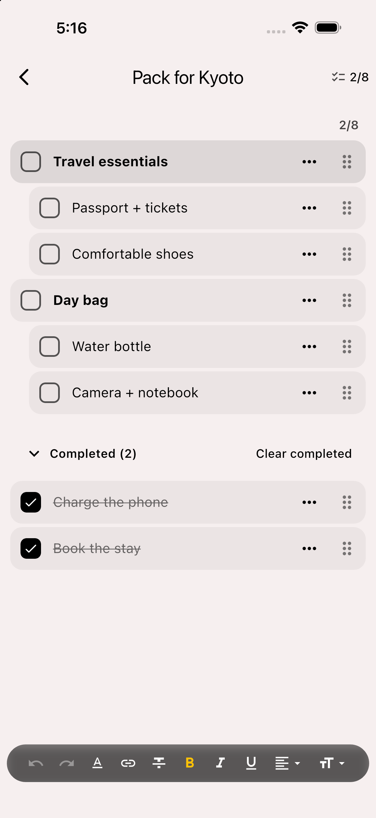 Better Keep on iOS showing the Pack for Kyoto checklist with nested packing items and two completed tasks